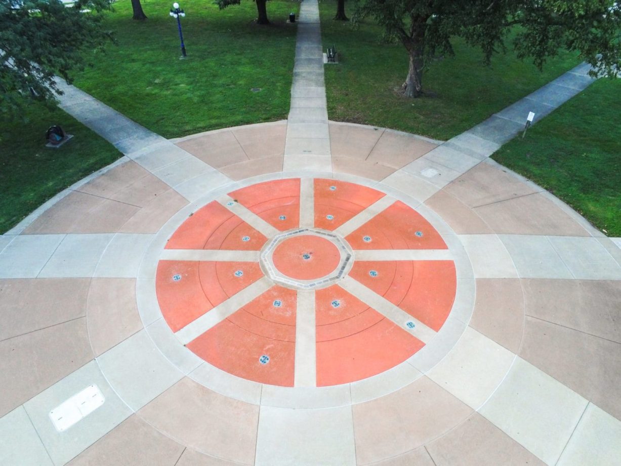 Round aerial of sprayground in the middle of Washington Park