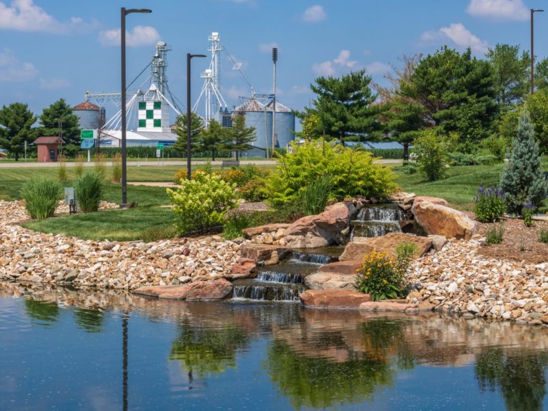 Waterfall feature in an employee park