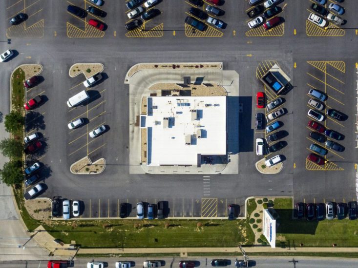 Aerial of a parking lot and drive-thru