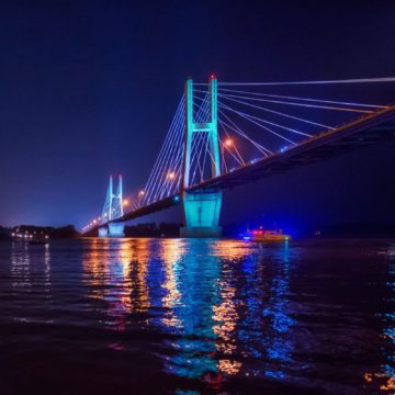 The Bayview Bridge with blue lighting
