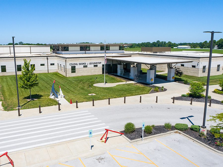 Entrance canopy and signage at Iles Elementary