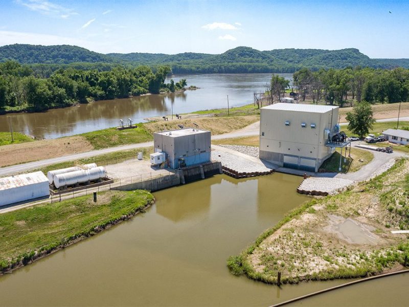 View of the intake channel leading to the new pump station and the Mississippi River beyond