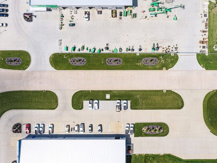 Aerial of a road and parking lots