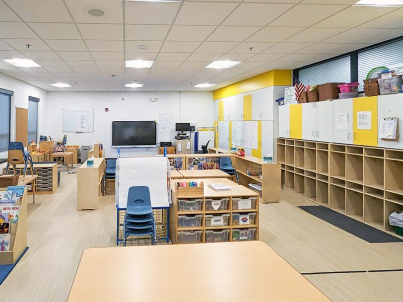 Smart board and seating areas in a classroom