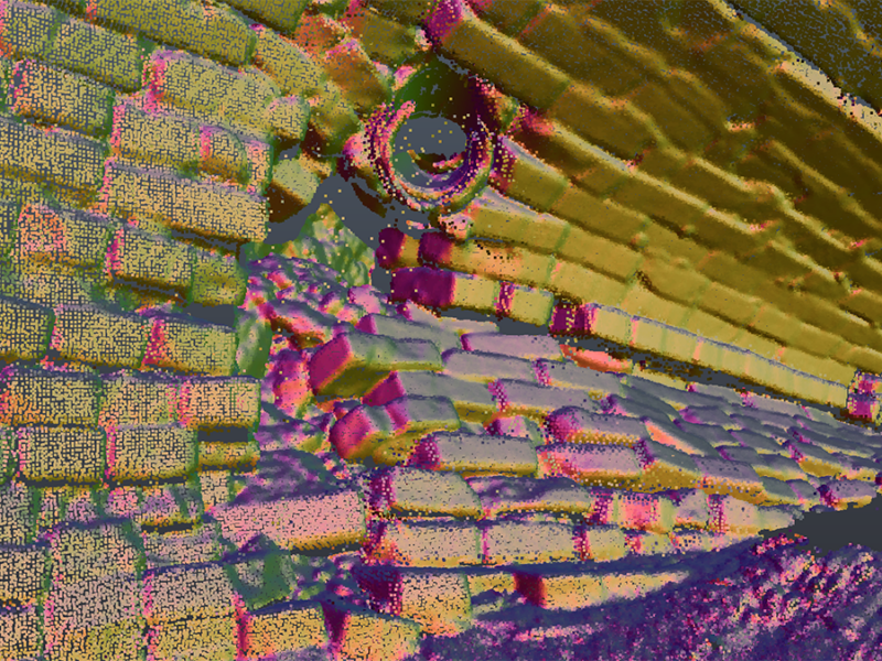 A yellow and purple point cloud from the 3D scan of a section of a brick storm sewer
