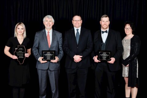 Project representatives accepting the awards at the ACEC-IL Gala on Feb. 22. From left to right: Kelsey Pigg (Klingner), Mike Klingner (Klingner), Brent Freesmeyer (Klingner), Louis Goodwin (SILDD), Mariah Goodwin (SILDD)