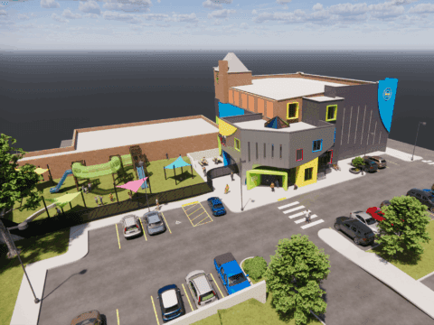 A birds eye view of the new Quincy Children's Museum entrance and outdoor play area