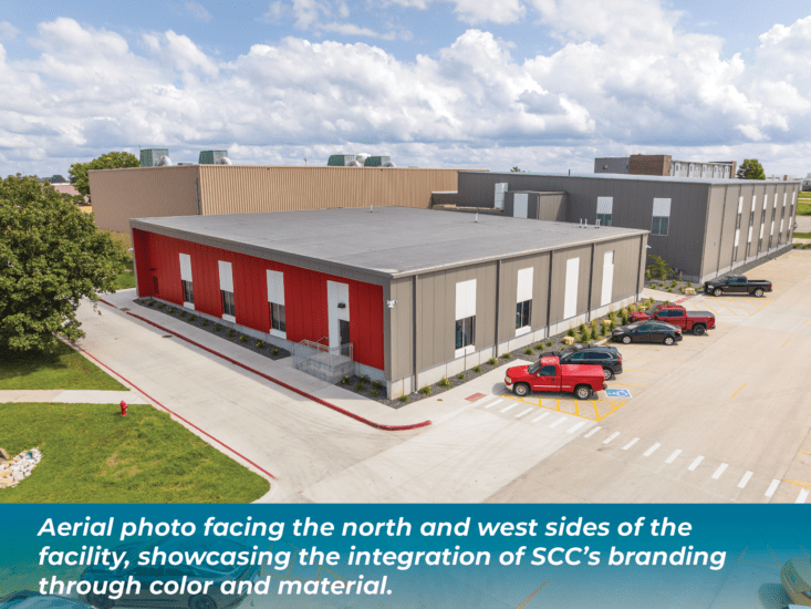Aerial photo facing the north and west sides of the facility, showcasing the integration of SCC's branding through color and material.