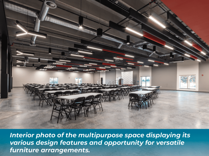 Interior photo of the multipurpose space displaying its various design features and opportunity for versatile furniture arrangements.